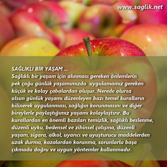 SAĞLIKLI BİR YAŞAM ... Sağlıklı bir yaşam için alınması gereken önlemlerin pek çoğu günlük yaşamımızda  uygulamamız gereken küçük ve kolay çabalardan oluşur. Nerede olursa olsun günlük yaşamı düzenleyen bazı temel kuralların bilinerek uygulanması, sağlığın korunmasını ve diğer bireylerle paylaştığımız yaşamı kolaylaştırır. Bu kurallardan en önemli bazıları temizlik, sağlıklı beslenme, düzenli uyku, bedensel ve zihinsel çalışma, düzenli yaşam, sigara, alkol, uyarıcı ve uyuşturucu maddelerden uzak durma, kazalardan korunma, sorunlarla başa çıkmada doğru ve uygun yöntemler kullanmadır.  